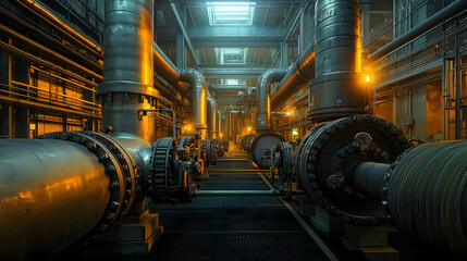 Fototapeta premium Industrial Interior View With Parallel Metallic Pipes And Machinery With Warm Lighting