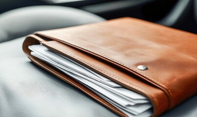 A tan leather portfolio with documents rests on textured leather, exuding professional elegance and sophistication.