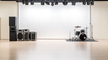 Empty music rehearsal space with drum set, amplifiers, and blank wall for performances