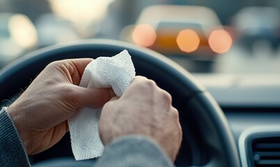 A man cleans his steering wheel with a sanitizing wipe to prevent the spread of germs inside his car.