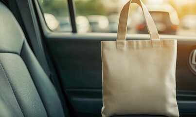 Canvas tote bag hanging on a car door hook offers a reusable and convenient shopping solution.