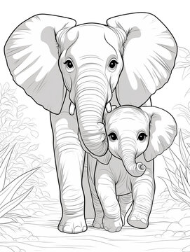 Hand drawn illustration of elephant and her cub. Black and white savannah animals, kids animals to color, png graphic resource with transparent background