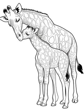 Hand drawn illustration of giraffe and her cub. Black and white savannah animals, kids animals to color, png graphic resource with transparent background
