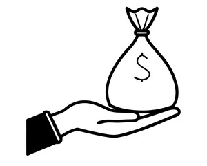 creative hand holding money bag icon silhouette vector illustration isolated on white background