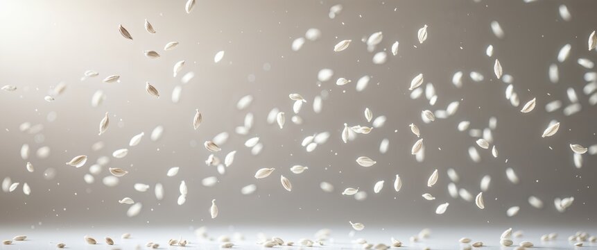 Abstract background of drifting white cumin seeds with subtle lighting.