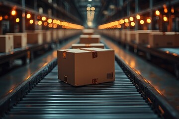 Closeup of cardboard boxes on conveyor belt in warehouse fulfillment center with automation in e-commerce logistics