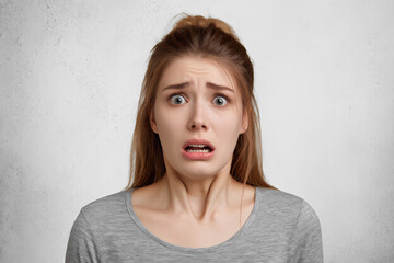 Portrait with copy space for advertisement of shocked afraid woman isolated on white background, 3d illustration