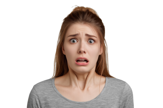 Portrait with copy space for advertisement of shocked afraid woman isolated on transparent background, 3d illustration, png file