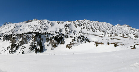 High mountain landscape in winter, with blue sky and lots of snow and mountain pines