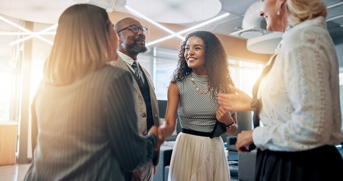 Fototapeta Meeting, handshake and business people in office for partnership, agreement and thank you. Corporate, teamwork and happy men and women shaking hands for collaboration, success and b2b networking