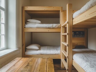 Wooden Tabletop in Minimalist Bunk Bed Room Interior Design