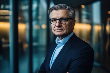 Fototapeta premium A senior business executive exudes confidence while standing with arms crossed in a contemporary office environment