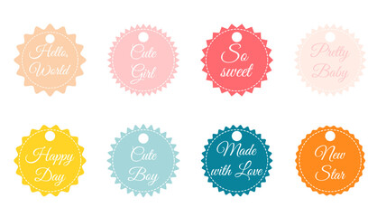 A set of cute colored tags for newborns with different quotes. Vector illustration.