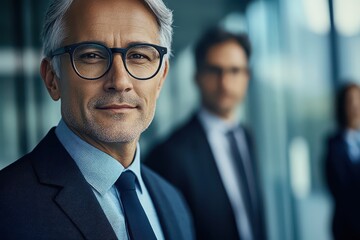 A confident businessman stands in the foreground, wearing glasses and a suit, while colleagues engage in discussions in a contemporary office background during work hours