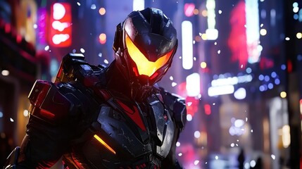 Cyberpunk City Warrior: Futuristic Armored Combatant in Neon-Lit Streets