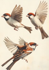 Fototapeta premium Three birds flying in the air with one of them having a red beak