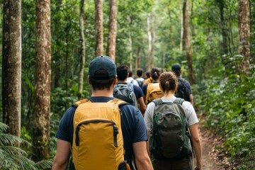 Adventure and Eco-tourism for travel concept. A group of hikers walks through a lush green forest trail, showcasing adventure and camaraderie in nature.