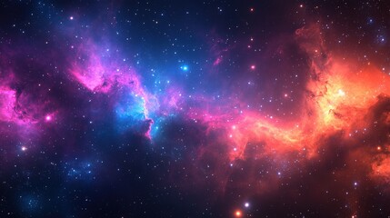 Naklejka premium Cosmic-inspired smooth color transition featuring deep blue, magenta, and fiery orange hues amid a starlit backdrop