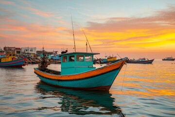 Naklejka premium Adventure and Eco-tourism for travel concept. Fishing boat rests on calm waters as the sun sets, casting beautiful hues across the sky and reflecting on the sea.