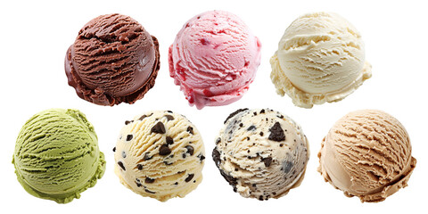 Set of ice cream scoops, basic and original flavors isolated on a transparent background for menu, poster or recipe design.
