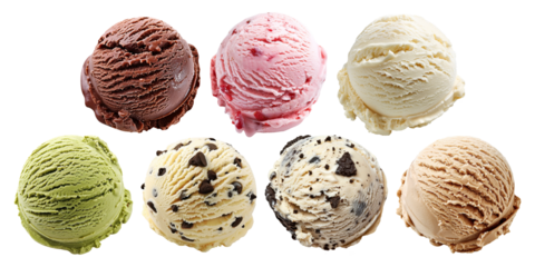 Set of ice cream scoops, basic and original flavors isolated on a transparent background for menu, poster or recipe design.