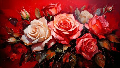 붉은 장미 유화 그림