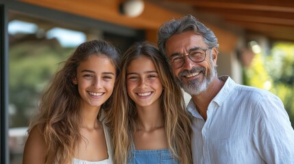 Fototapeta premium Two young women and an older man share joyful smiles while standing closely together outside. The warm sunlight highlights their relaxed atmosphere and happy expressions in a friendly environment