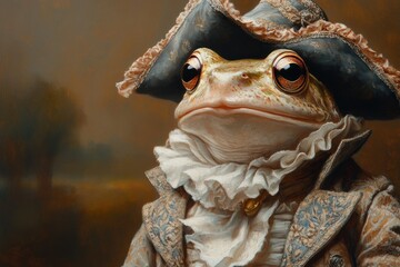 Whimsical Frog Portrait in Aristocratic Attire in Baroque Style with Soft Lighting and Serene Landscape
