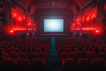 Obraz premium Cinematic Scene Movie Theater Audience Red Seats Bright Screen