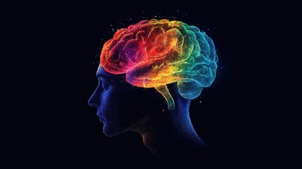 A vibrant representation of a human brain filled with colorful patterns illustrates the concepts of creativity and cognition