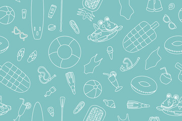 Trendy Summer seamless pattern of beach items and accessories in doodle style. Hand drawn beach items and sports equipment on blue background. Vector