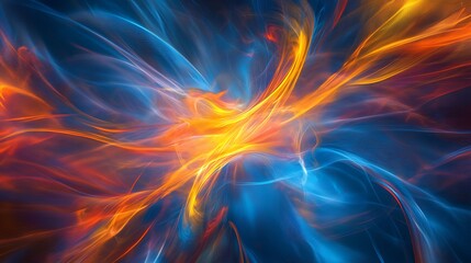 A fiery cosmic dance of blue and orange energy swirling in a vibrant, ethereal nebula with glowing streams of light.