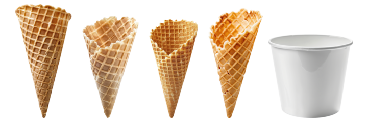 Set of empty ice cream cones and cup isolated on a transparent background for menu, poster or recipe design.