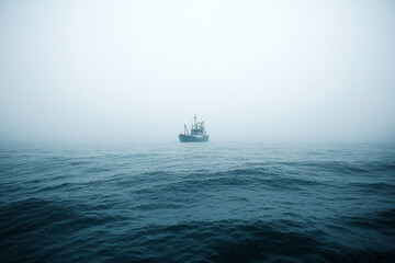 Obraz premium A solitary fishing boat navigating through dense fog on a calm sea, evoking a sense of isolation