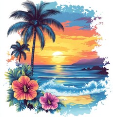 Vibrant sunset paints the sky in hues of orange and pink, casting reflections on calm waves. Palm trees frame the tropical scene, with colorful flowers in the foreground