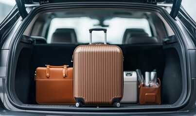 Luggage and briefcase neatly packed in the car trunk, ready for a business trip or vacation.
