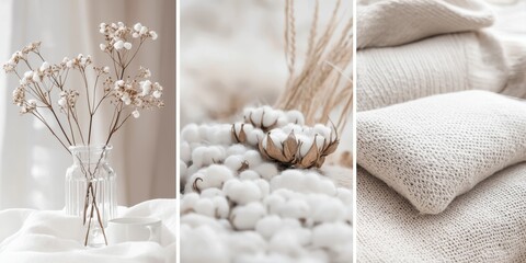 A serene boho-styled mood board showcases organic cotton blossoms, dried flowers in a glass vase, and soft textured neutral knitted textiles creating a calming and natural
