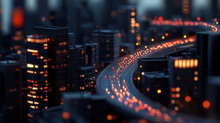 Obraz premium Night Cityscape: Illuminated Metropolis with Winding Highway