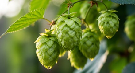 黄金色の光輝く、新鮮なホップの収穫風景