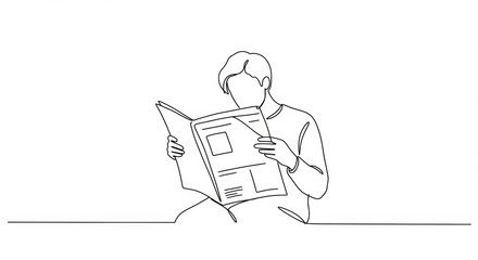 Minimalist single line art: Person engrossed in reading newspaper headlines