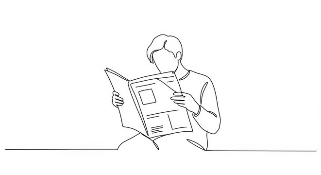 Minimalist single line art: Person engrossed in reading newspaper headlines