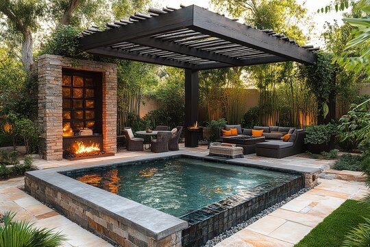 Outdoor swimming pool with fire pit and seating area surrounded by an arbor in a suburban Las Vegas backyard, illuminated at night with warm lighting.