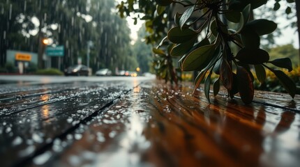 Rainy day scene with water droplets on a wooden surface, showcasing reflections and nature's ambiance.