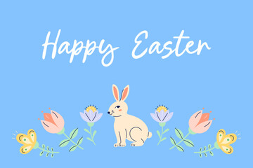 Happy Easter horizontal banner with bunny and flowers on blue background. Design with text. Happy Easter hand drawn card. Flat illustration with partial outline. Vector illustration.