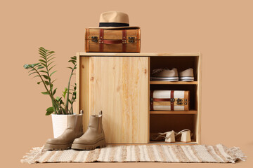 Stylish wooden cabinet with shoes, houseplant and vintage suitcase on beige background