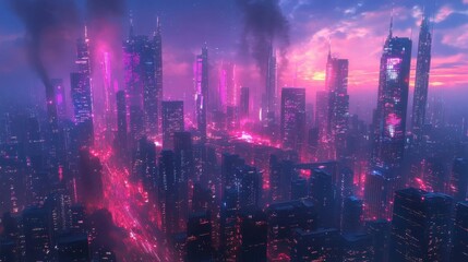 Fototapeta premium Futuristic neon cityscape at dusk with skyscrapers and vibrant lights
