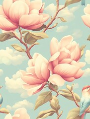 Seamless floral pattern with pink magnolia branches, soft clouds, and birds perched, delicate pastel aesthetic.