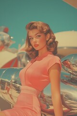 Elegant retrofuturistic woman in a pink bodysuit, dark wavy hair, red lips, outdoor scene with futuristic elements.