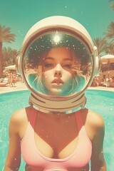 Surreal vintage portrait of a woman in a bikini wearing an astronaut helmet, pastel blue and pink tones, dreamy fantasy aesthetic.
