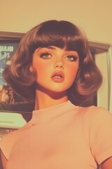 Retro photo of a woman with dark short hair and bangs, 1980s vintage aesthetic, warm nostalgic tones and soft film texture.